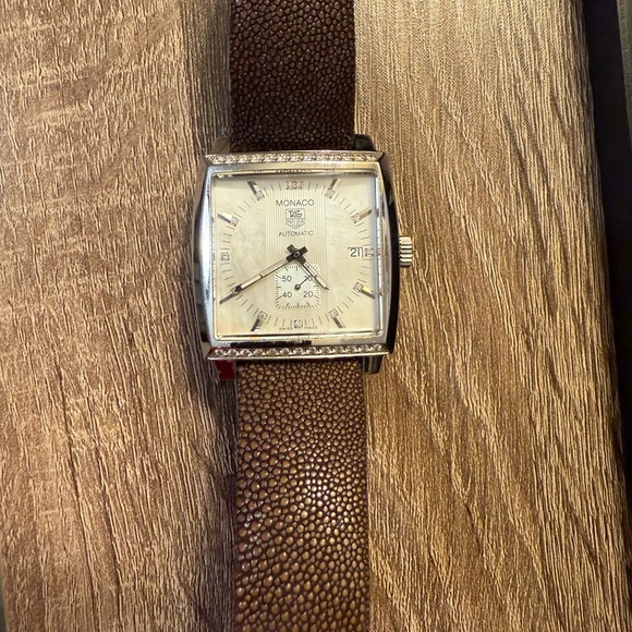TAG Heuer Monaco with Brown Strap and Silver Face
